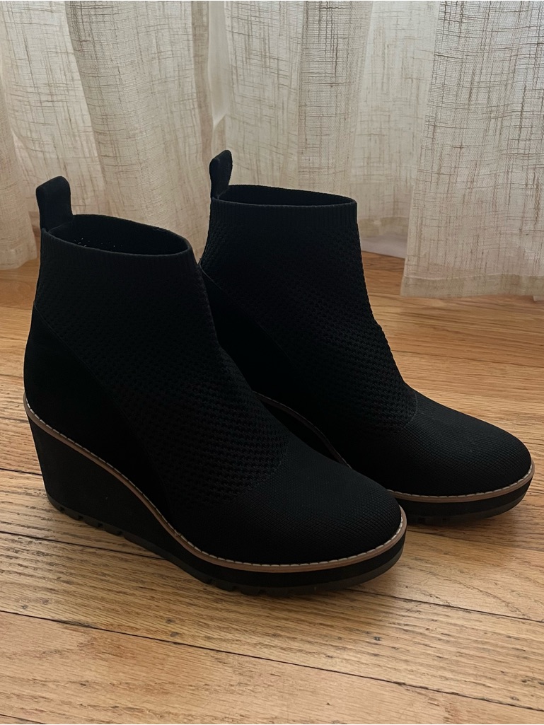 Eileen Fisher Quill Wedge Ankle Booties Women's 8.5 Knit Stretch Suede Platform